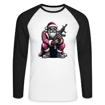 Gangster Santa mit AK 47 in Russenhocke - Unisex Baseballshirt langarm - Weiß/Schwarz - Vorne - Nik (191cm)