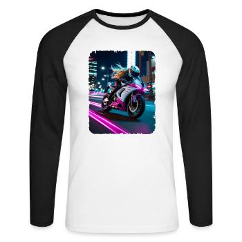 Femme à moto la nuit LA - T-shirt baseball manches longues Homme - blanc/noir - Devant - Nik (191cm)