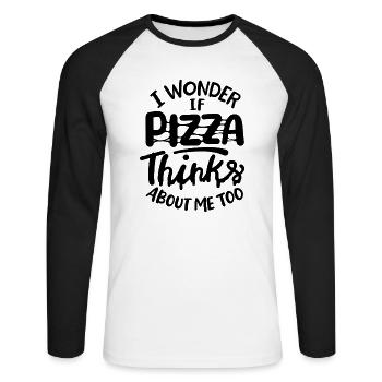 I wonder if Pizza thinks about me too - Unisex Baseballshirt langarm - Weiß/Schwarz - Vorne - Nik (191cm)