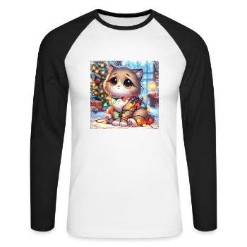 Cute Christmas Cat - Fairy Lights Chaos in the - Unisex Long Sleeve Baseball T-Shirt - white/black - Front - Nik (191cm)