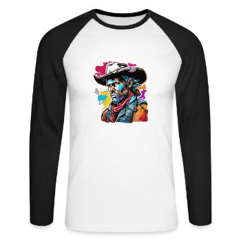 Cowboy / Wilde Westen / Wüste / Lasso / Rodeo - Unisex Baseballshirt langarm - Weiß/Schwarz - Vorne - Nik (191cm)