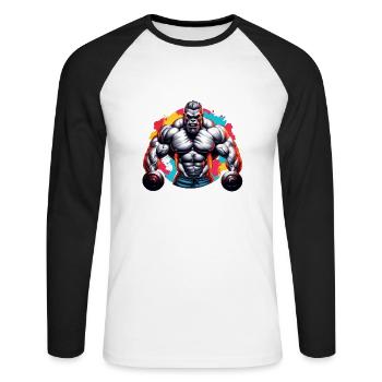 Bodybuilder / Sport / Fitness / Affe / Muskeln - Unisex Baseballshirt langarm - Weiß/Schwarz - Vorne - Nik (191cm)