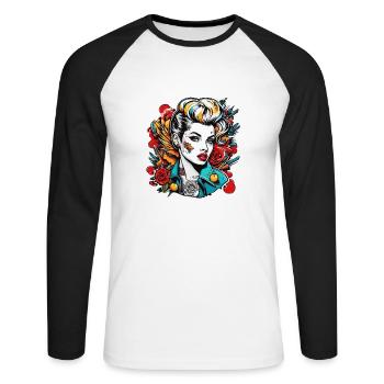 Rockabilly / Pin-up Girl / Girl Power / Années 50 - T-shirt baseball manches longues Homme - blanc/noir - Devant - Nik (191cm)