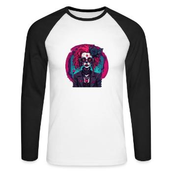 Poupée d’horreur / Halloween / Effrayant / Sombre - T-shirt baseball manches longues Homme - blanc/noir - Devant - Nik (191cm)