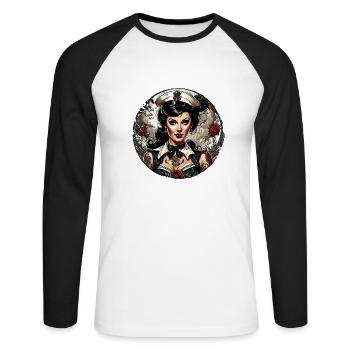 Marin / Pin-up / Navire / Bateau / Ancre / Dame - T-shirt baseball manches longues Homme - blanc/noir - Devant - Nik (191cm)