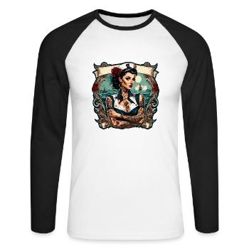 Marin / Pin-up / Navire / Bateau / Ancre / Dame - T-shirt baseball manches longues Homme - blanc/noir - Devant - Nik (191cm)