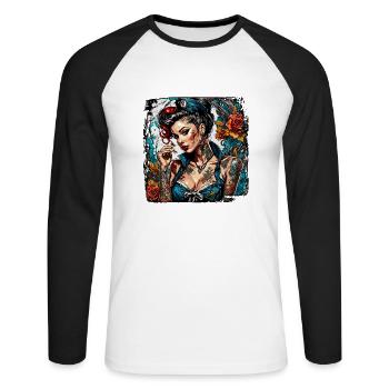 Marin / Pin-up / Navire / Bateau / Ancre / Dame - T-shirt baseball manches longues Homme - blanc/noir - Devant - Nik (191cm)