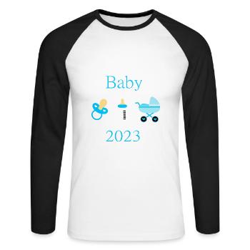 Modèle Baby 2023 Birth Boy personnalisable - T-shirt baseball manches longues Homme - blanc/noir - Devant - Nik (191cm)