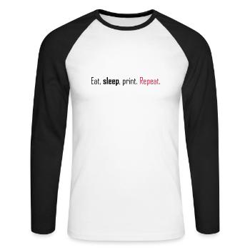 Essen, schlafen, drucken. Wiederholen. - Unisex Baseballshirt langarm - Weiß/Schwarz - Vorne - Nik (191cm)