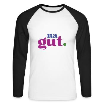 Entspannte Vibes für Gelassene & Gechillte. Na gut - Unisex Baseballshirt langarm - Weiß/Schwarz - Vorne - Nik (191cm)
