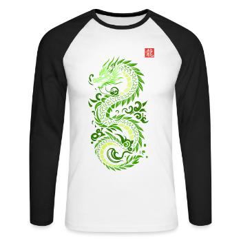 Green Japanese dragon, Japanese kanji print style - Unisex Long Sleeve Baseball T-Shirt - white/black - Front - Nik (191cm)