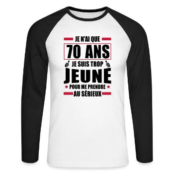je n ai que 70 ans / cadeau anniversaire 70 ans - T-shirt baseball manches longues Homme - blanc/noir - Devant - Nik (191cm)