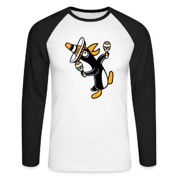 Pingouin, hochet, fête, culture mexicaine, chapeau, Fun - T-shirt baseball manches longues Homme - blanc/noir - Devant - Nik (191cm)