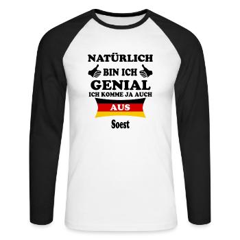 Geschenk Genial komme aus Soest - Unisex Baseballshirt langarm - Weiß/Schwarz - Vorne - Nik (191cm)