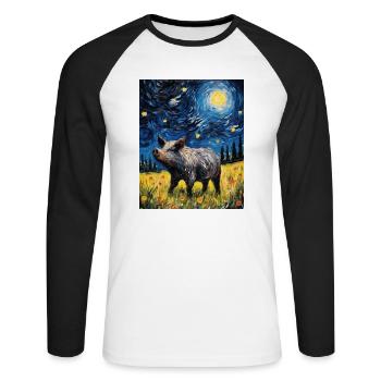 Sanglier, Van Gogh, Nuit Étoilée, Animal, Cochon - T-shirt baseball manches longues Homme - blanc/noir - Devant - Nik (191cm)