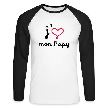 J'aime mon Papy [ Bébé / Naissance ] - T-shirt baseball manches longues Homme - blanc/noir - Devant - Nik (191cm)