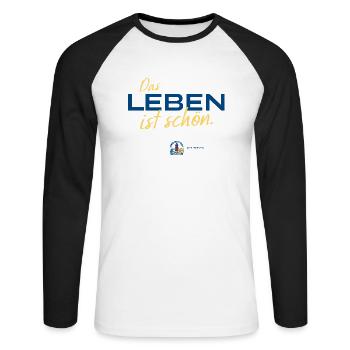 Ostseeweg LEBEN Tee 2023 Hell - Unisex Baseballshirt langarm - Weiß/Schwarz - Vorne - Nik (191cm)