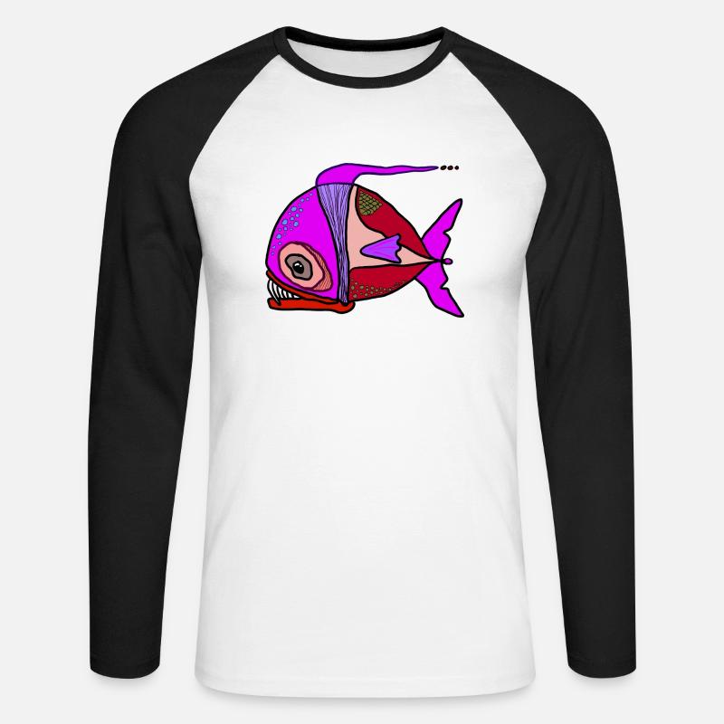 Bunter Surrealfisch Patchwork - Unisex Baseballshirt langarm - Weiß/Schwarz
