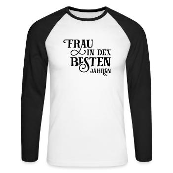Frau in den besten Jahren - Unisex Baseballshirt langarm - Weiß/Schwarz - Vorne - Nik (191cm)