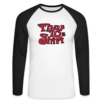 Ce T-shirt 70, les années 70 Rugissants - T-shirt baseball manches longues Homme - blanc/noir - Devant - Nik (191cm)