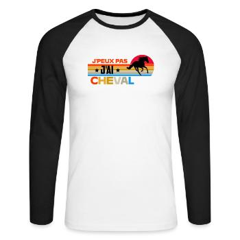 Je peux pas j'ai cheval rétro - T-shirt baseball manches longues Homme - blanc/noir - Devant - Nik (191cm)