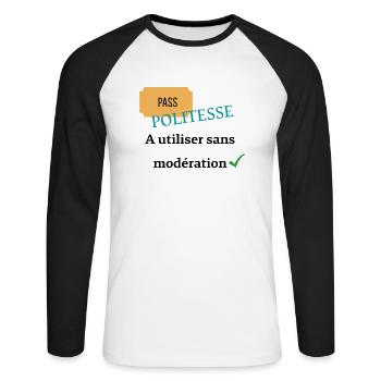 Pass politesse à utiliser sans modération - T-shirt baseball manches longues Homme - blanc/noir - Devant - Nik (191cm)
