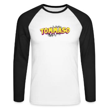 Tommaso benutzerdefinierter Name Comic-Buch-Stil Pop-Art, - Unisex Baseballshirt langarm - Weiß/Schwarz - Vorne - Nik (191cm)