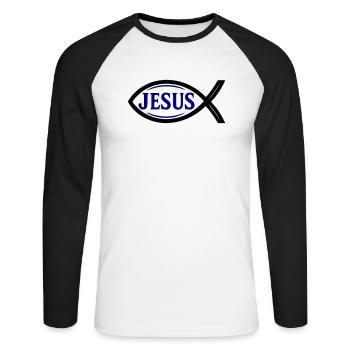Jesus Fisch - Unisex Baseballshirt langarm - Weiß/Schwarz - Vorne - Nik (191cm)