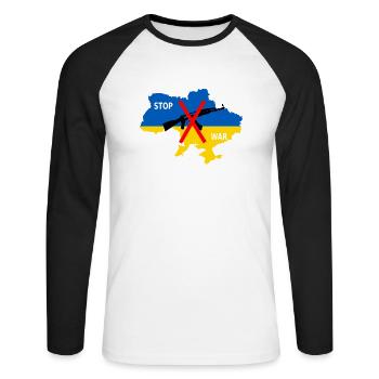 Unterstütze die Ukraine, Ukraine - stoppt den Krieg - Unisex Baseballshirt langarm - Weiß/Schwarz - Vorne - Nik (191cm)