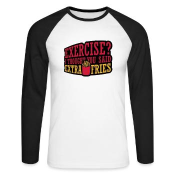 Exercise Extra Fries Zitat - Unisex Baseballshirt langarm - Weiß/Schwarz - Vorne - Nik (191cm)
