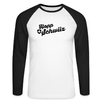 hoppschwiiz sw - Unisex Baseballshirt langarm - Weiß/Schwarz - Vorne - Nik (191cm)