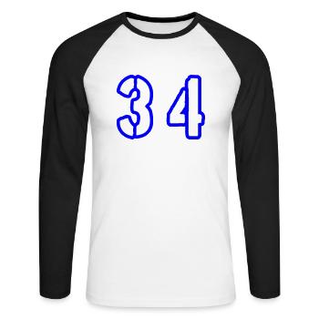 34 Zahl Symbol - Unisex Baseballshirt langarm - Weiß/Schwarz - Vorne - Nik (191cm)