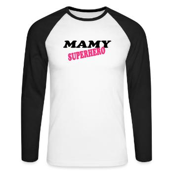 Mamy superhero - Unisex Baseballshirt langarm - Weiß/Schwarz - Vorne - Nik (191cm)