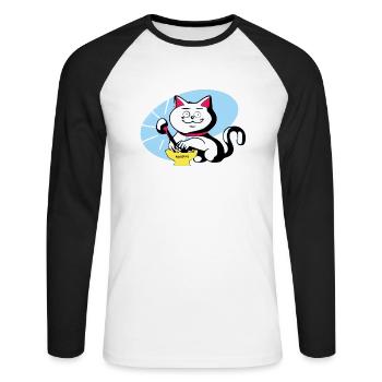 Chat et ramen - T-shirt baseball manches longues Homme - blanc/noir - Devant - Nik (191cm)
