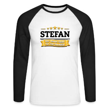Stefan – Der Name steht für Top-Qualität! - Unisex Baseballshirt langarm - Weiß/Schwarz - Vorne - Nik (191cm)