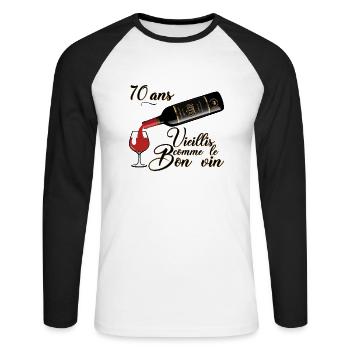 70 ans anniversaire vieillis bon vin humour alcool - T-shirt baseball manches longues Homme - blanc/noir - Devant - Nik (191cm)