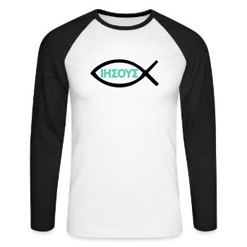 Jésus-Christ Poisson Christ Symbole du christianisme - T-shirt baseball manches longues Homme - blanc/noir - Devant - Nik (191cm)