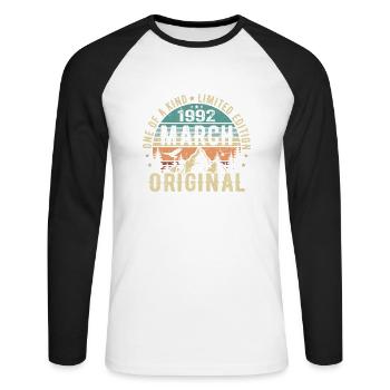 Legendary since March 1992 - birthday March 1992 - Unisex Long Sleeve Baseball T-Shirt - white/black - Front - Nik (191cm)