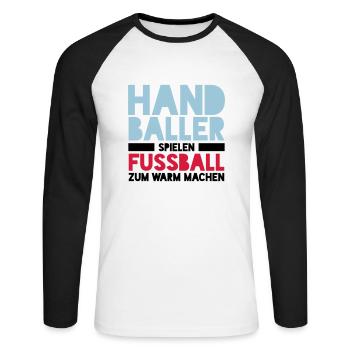 Handballer spielen Fussball zum Warm machen - Unisex Baseballshirt langarm - Weiß/Schwarz - Vorne - Nik (191cm)
