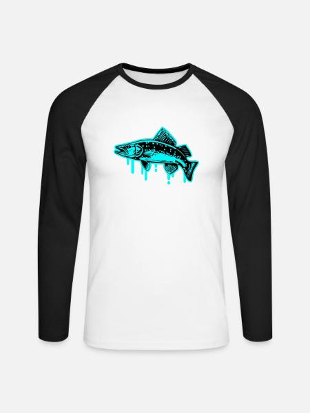 Pike Fish Silhouette Fishing - Maglia da baseball a manica lunga da uomo - bianco/nero