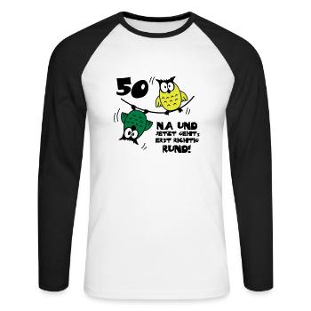 50 Birthday, Owl on the wire rope, round - Unisex Long Sleeve Baseball T-Shirt - white/black - Front - Nik (191cm)