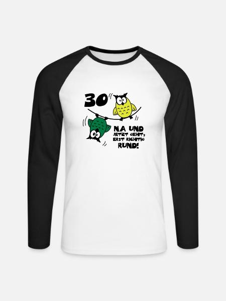 Geburtstag 30, Eulen am Drahtseil, rund - Unisex Baseballshirt langarm - Weiß/Schwarz
