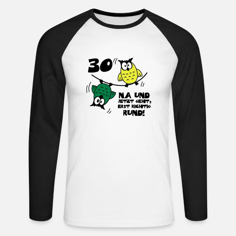 Geburtstag 30, Eulen am Drahtseil, rund - Unisex Baseballshirt langarm - Weiß/Schwarz