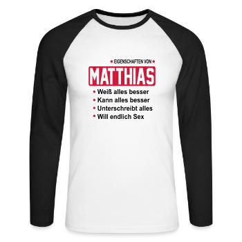 matthias - Unisex Baseballshirt langarm - Weiß/Schwarz - Vorne - Nik (191cm)