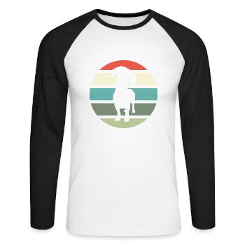 Dackel Dachshund Teckel Silhouette mit retro Sonne - Unisex Baseballshirt langarm - Weiß/Schwarz - Vorne - Nik (191cm)