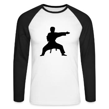 Foto Karate - Unisex Baseballshirt langarm - Weiß/Schwarz - Vorne - Nik (191cm)