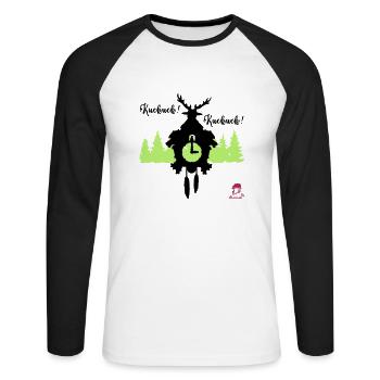 Kuckuck...Kuckuck... Kuckucksuhr mit Hirschgeweih - Unisex Baseballshirt langarm - Weiß/Schwarz - Vorne - Nik (191cm)