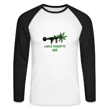LANCE ROQUETTE BIO ! (cuisine, écologie) - T-shirt baseball manches longues Homme - blanc/noir - Devant - Nik (191cm)