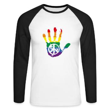 Regenbogen Peace Zeichen Hand LGBT - Unisex Baseballshirt langarm - Weiß/Schwarz - Vorne - Nik (191cm)