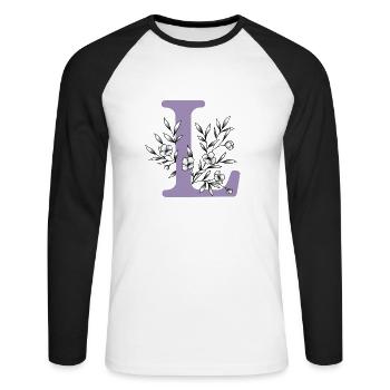 Buchstabe Vorname "L" lila - Unisex Baseballshirt langarm - Weiß/Schwarz - Vorne - Nik (191cm)